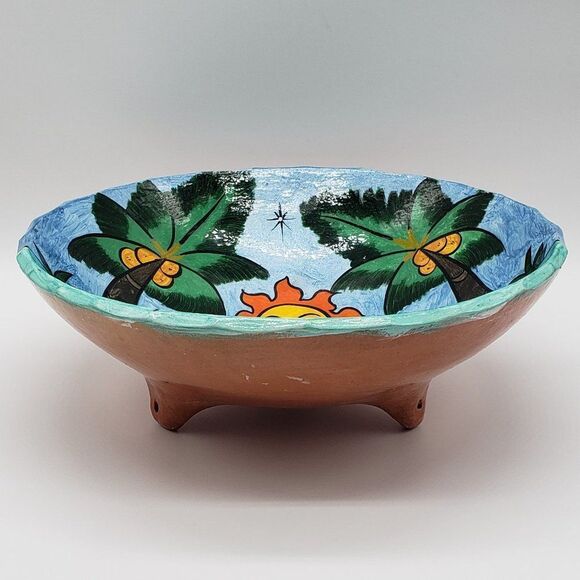 Mexican Hand Painted Folk Art Storyteller Sun, Trees & Fish 3 Footed Bowl - 2012 - Picture 7 of 10